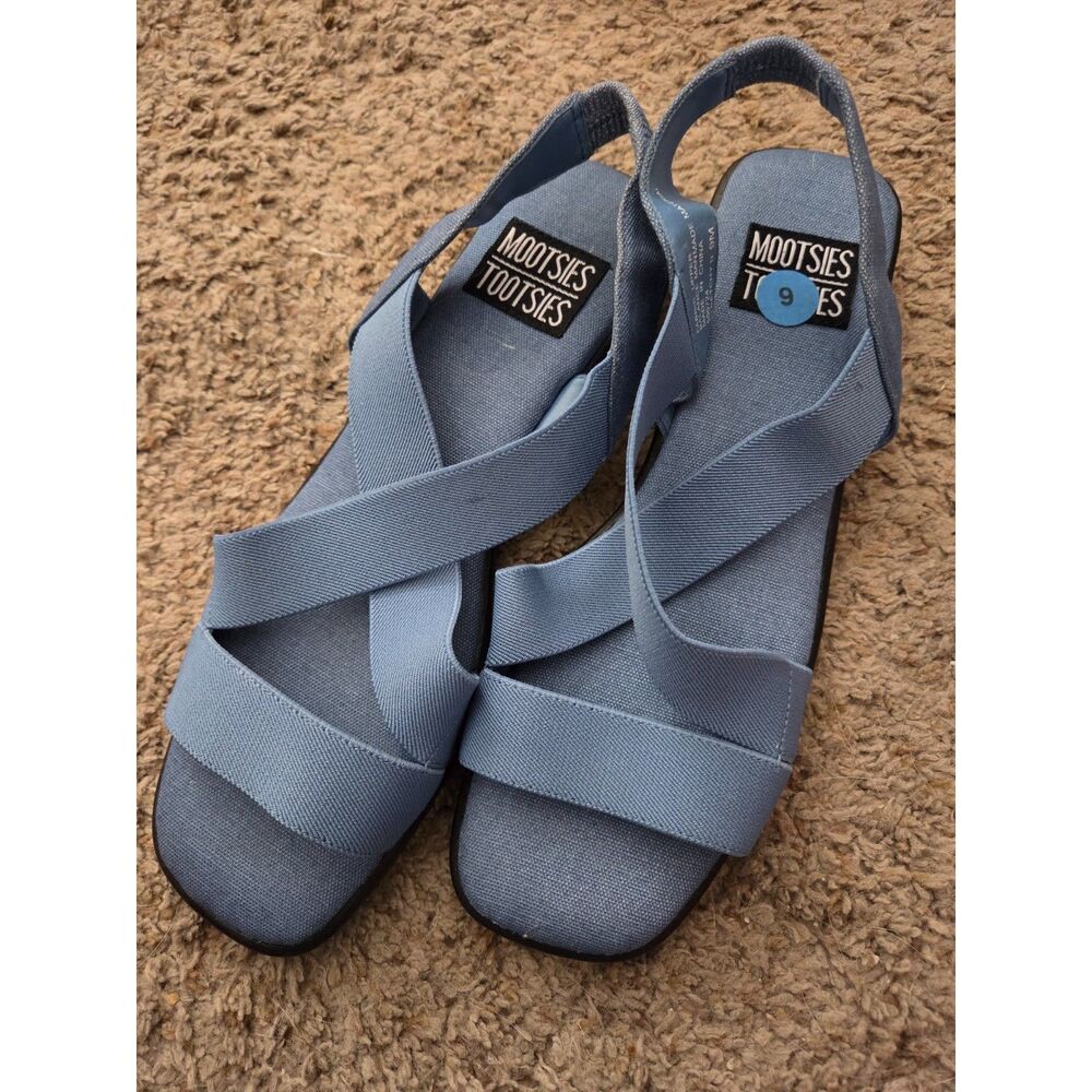 Vintage Y2K Mootsies Tootsies Blue Stretchy Slingback Sandals Size 9M Square Toe
